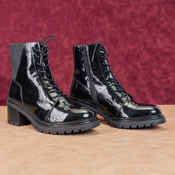 Geox Women Black Patent Leather Lace-up Zip Ankle Combat boots sz 9.5US EUR40 - Picture 1 of 9